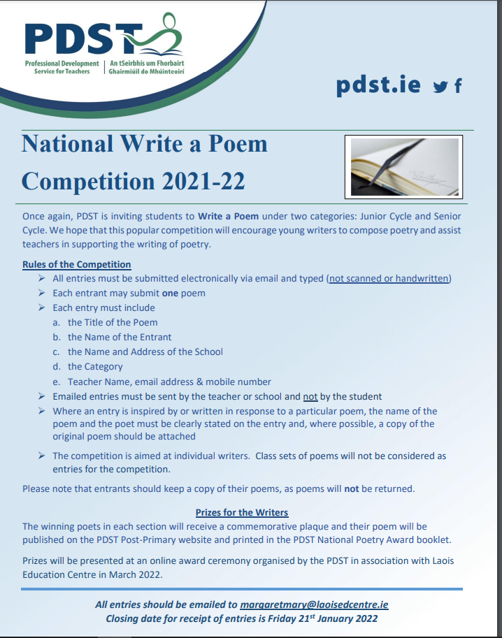 PDST - National Write a Poem Competition 2021-2022